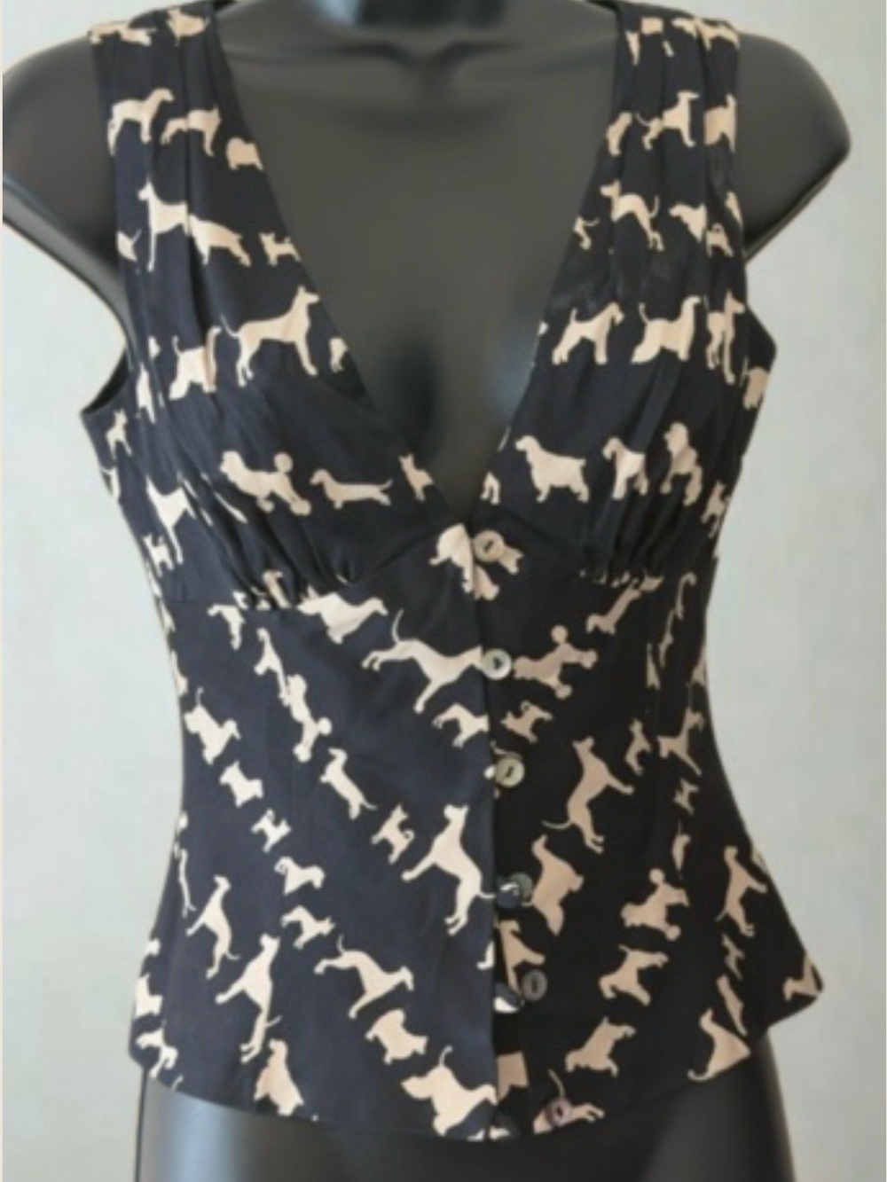 Trina Turk Black and Cream Dog Print Button Vest